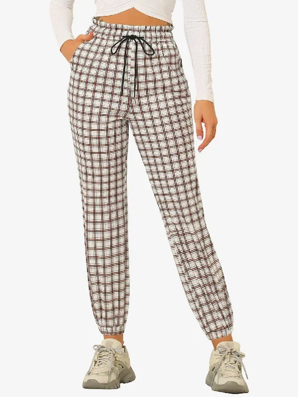 Casual Jogger Pants Drawstring Elastic Waist Plaid Trousers