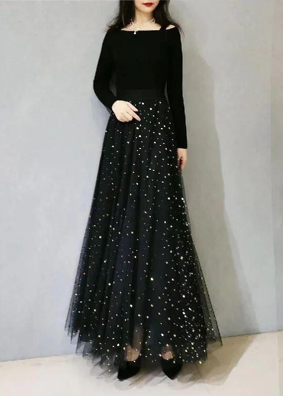 plus-size-black-print-wrinkled-elastic-waist-tulle-skirts-spring