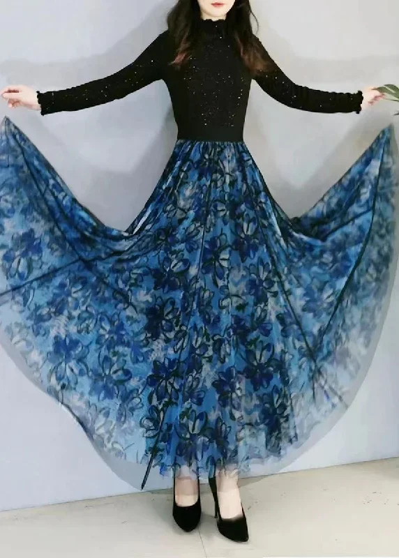 plus-size-blue-print-wrinkled-high-waist-tulle-skirt-spring