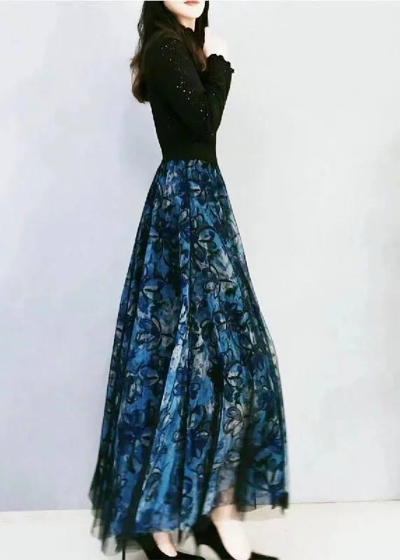 plus-size-blue-print-wrinkled-high-waist-tulle-skirt-spring