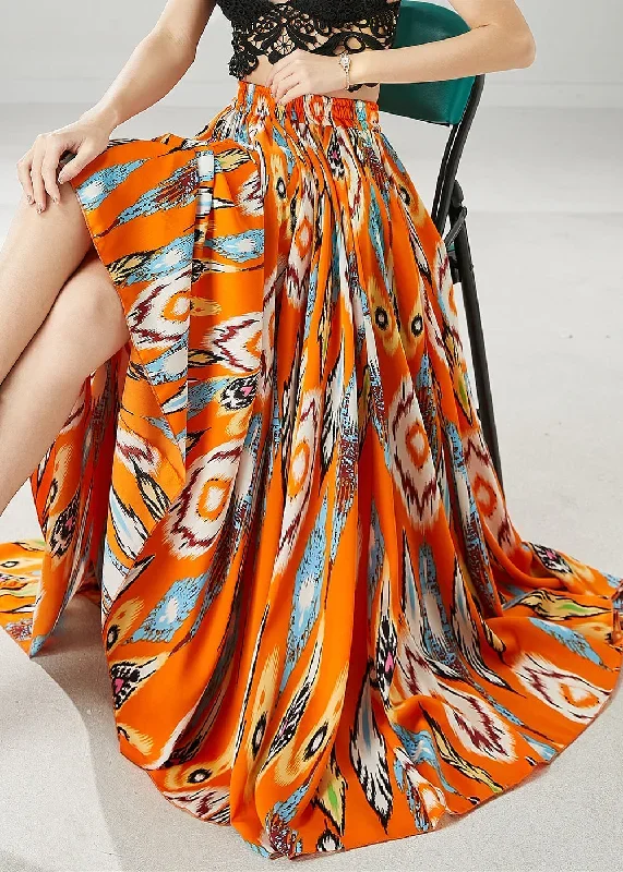 plus-size-orange-elastic-waist-print-chiffon-skirt-spring