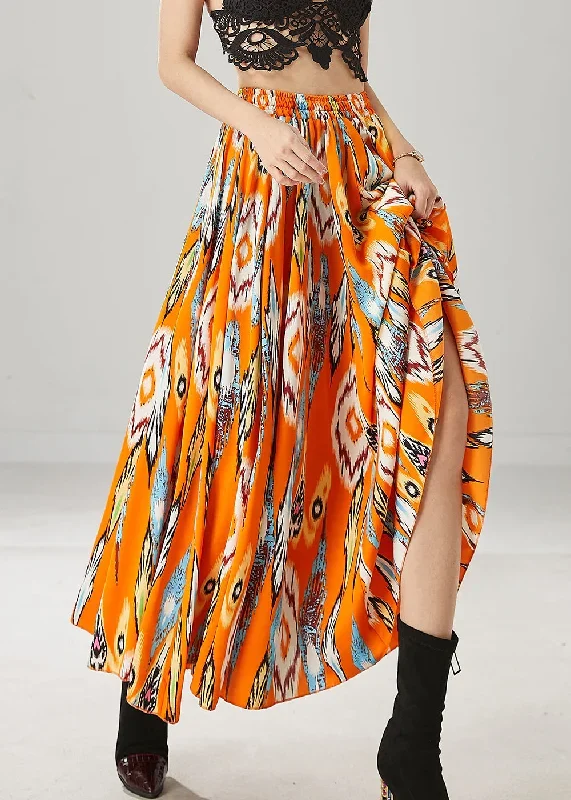 plus-size-orange-elastic-waist-print-chiffon-skirt-spring