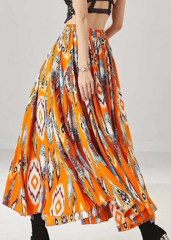 plus-size-orange-elastic-waist-print-chiffon-skirt-spring