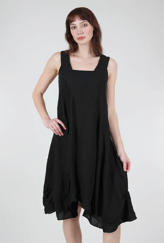 Ribbed Inset Linen Dress, Black