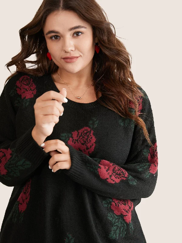 rose-jacquard-crew-neck-drop-shoulder-pullover