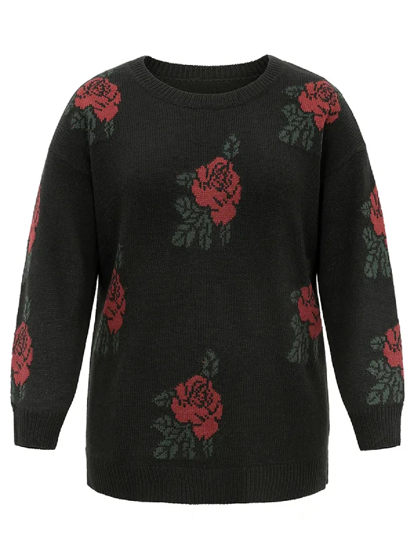 rose-jacquard-crew-neck-drop-shoulder-pullover