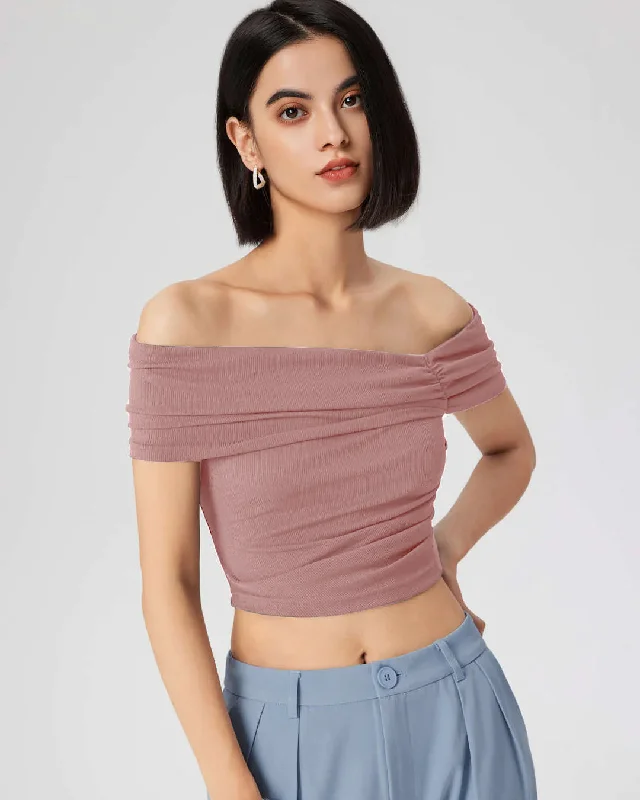 ruched-off-shoulder-short-sleeve-crop-top-in-dusty-pink