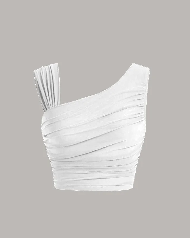 Solid Ruched Asymmetrical Neck White Crop Top