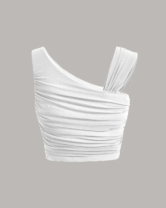 solid-ruched-asymmetrical-neck-white-crop-top