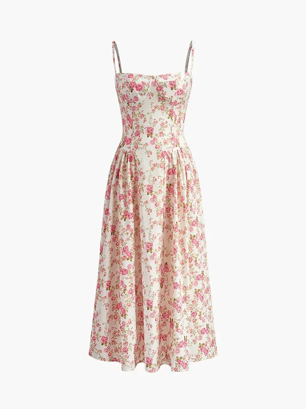 Square Neck Zipper Floral Dress