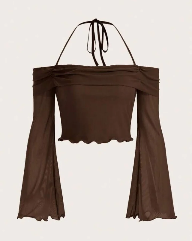 Tie Around Off Shoulder Lantern Sleeve Brown Crop Top