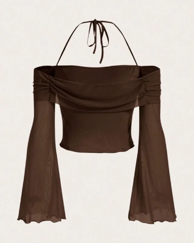 tie-around-off-shoulder-lantern-sleeve-brown-crop-top