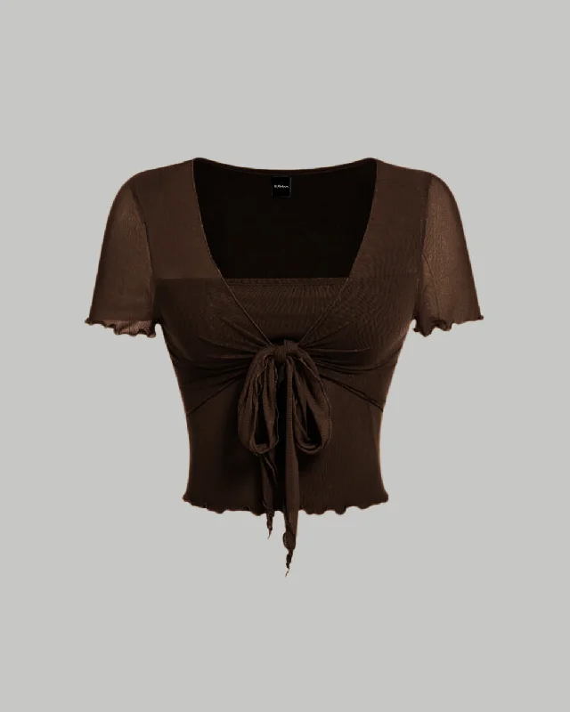 Tie Front Square Neck Crop Top In Brown