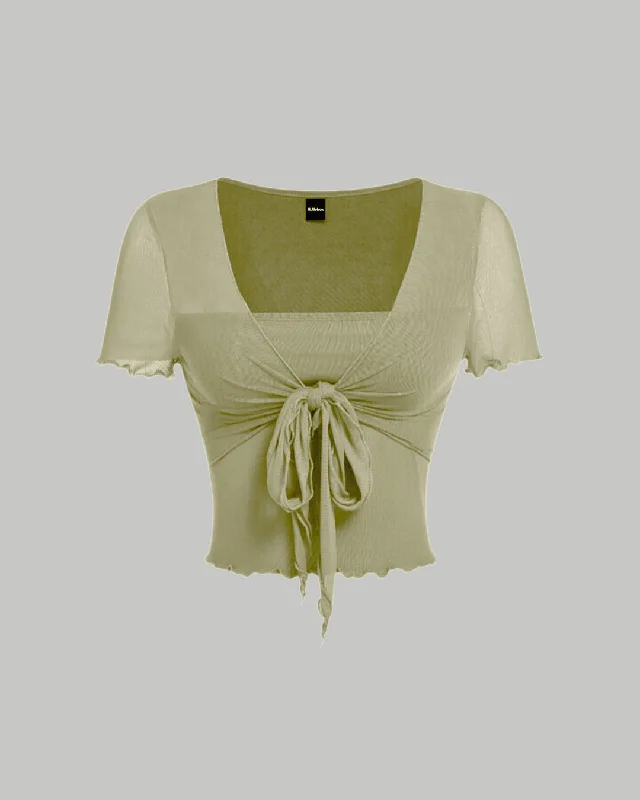 Tie Front Square Neck Crop Top In Green