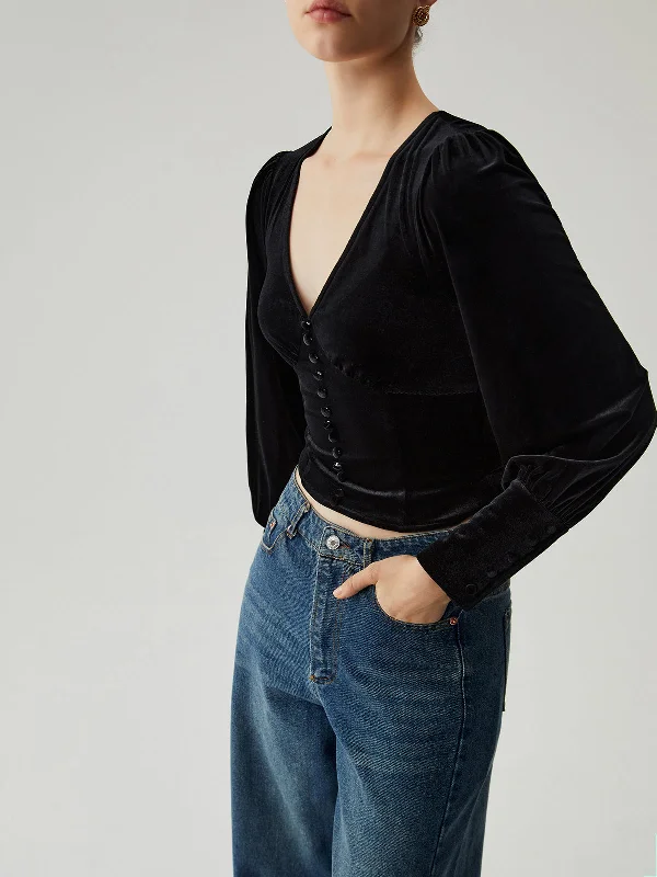 velvet-buttoned-v-neck-long-sleeve-crop-top