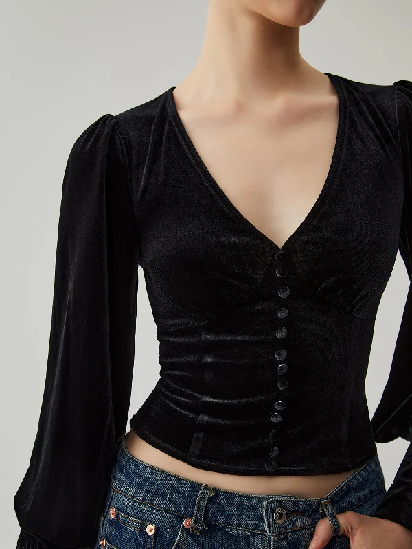 velvet-buttoned-v-neck-long-sleeve-crop-top