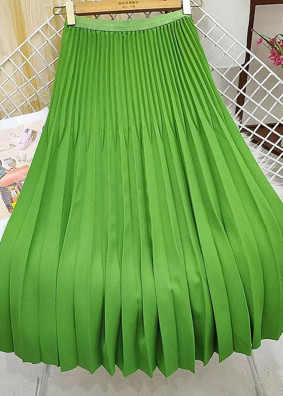 Women Green Elastic Waist Wrinkled Silk Pleated Skirts Spring