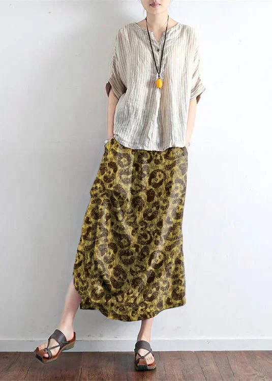 yellow-flower-oversized-linen-skirts-asymmetrical-design-elastic-waist-long-skirt